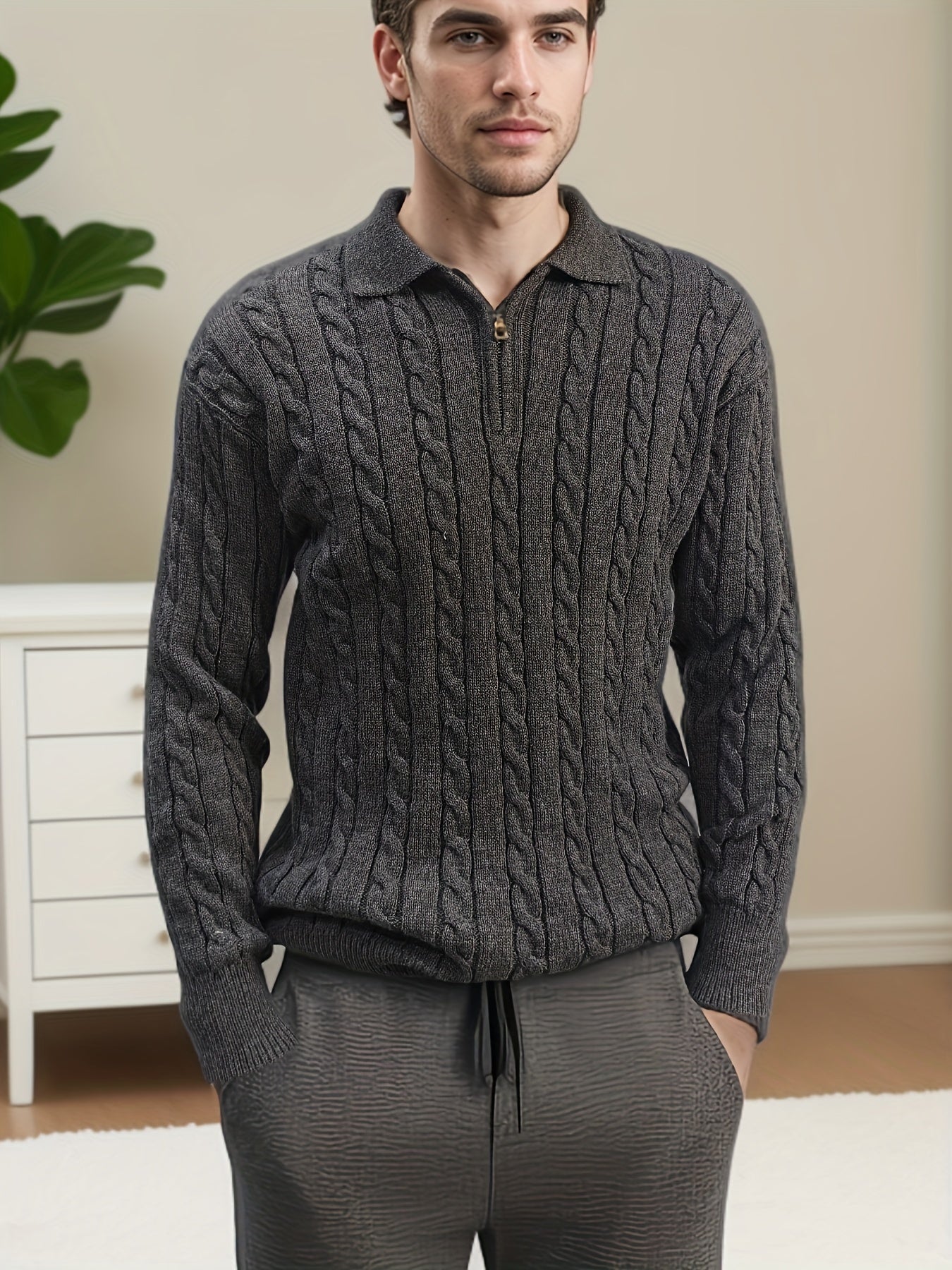 Stylish Quarter Zip Green Navy Pullover Sweater - VogeLuxe