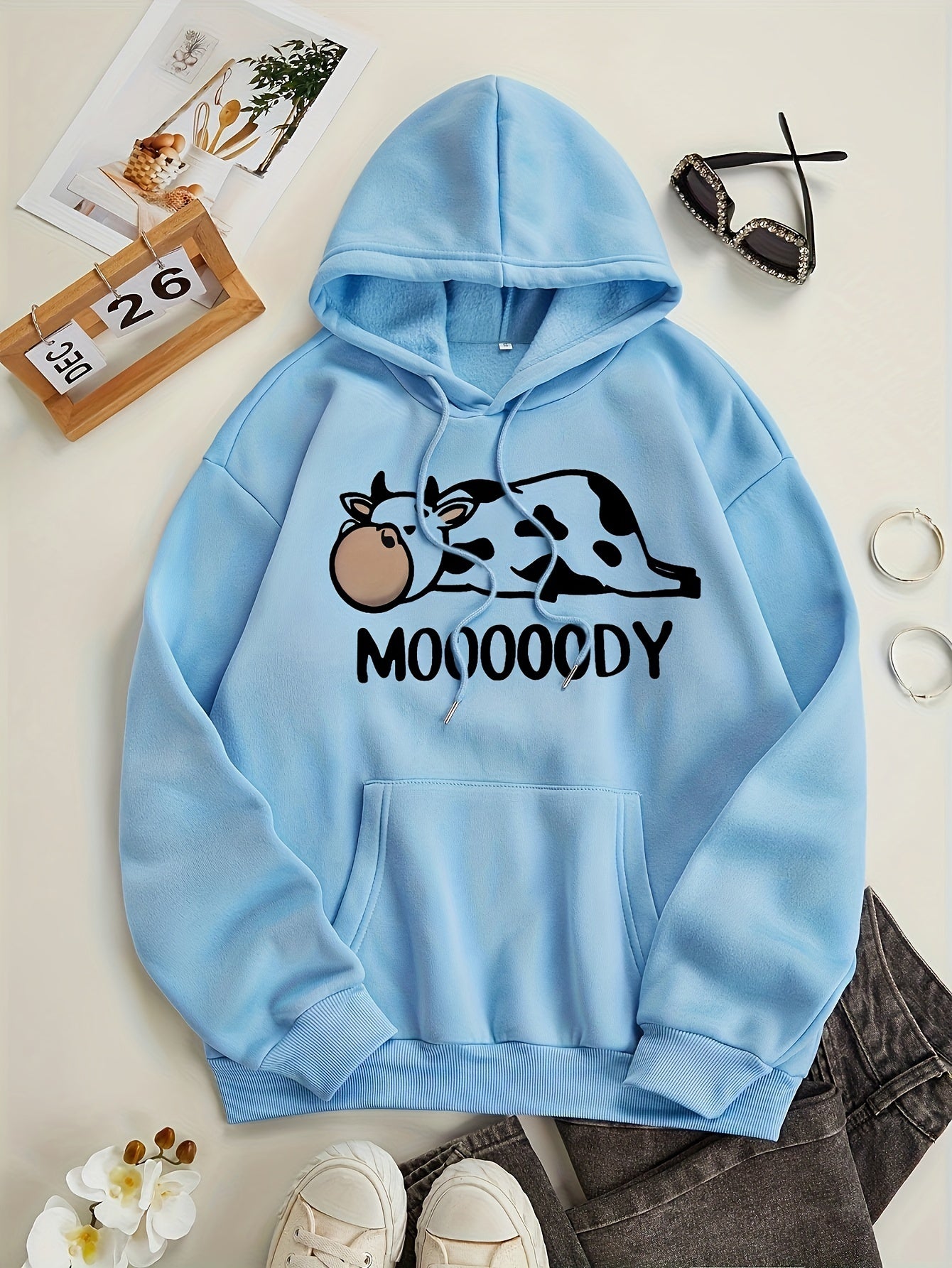 Cozy Women's Loose Fit Hoodie with Animal Print Pocket