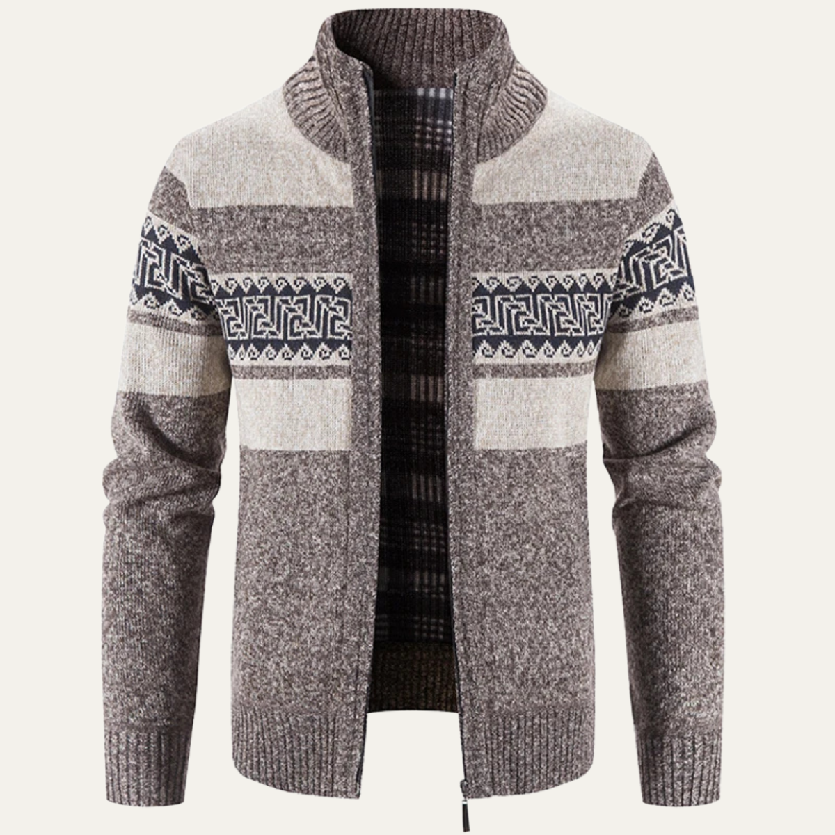 VogeLuxe | Men’s Zip Up Cardigan with Stand Collar and Chest Pattern