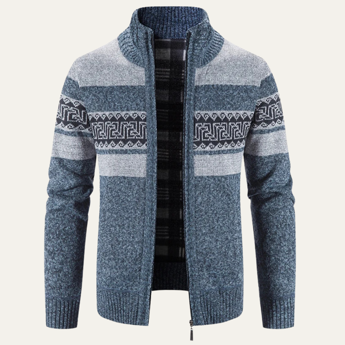 VogeLuxe | Men’s Zip Up Cardigan with Stand Collar and Chest Pattern