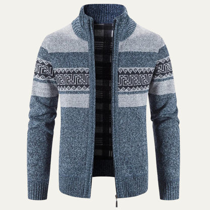 VogeLuxe | Men’s Zip Up Cardigan with Stand Collar and Chest Pattern