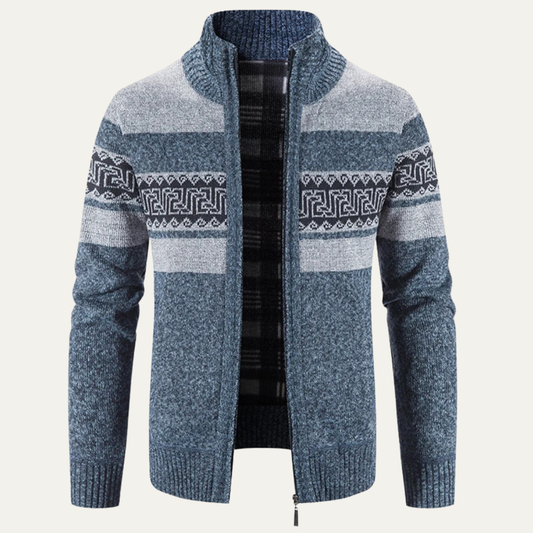 VogeLuxe | Men’s Zip Up Cardigan with Stand Collar and Chest Pattern