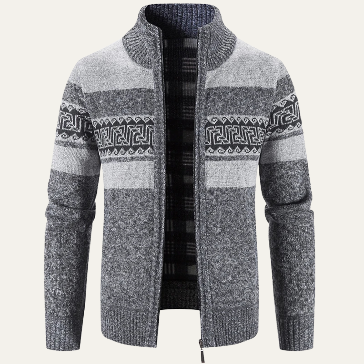 VogeLuxe | Men’s Zip Up Cardigan with Stand Collar and Chest Pattern