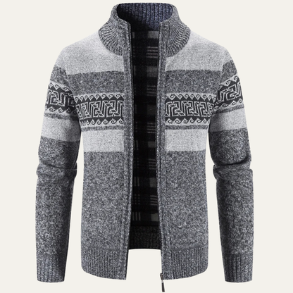VogeLuxe | Men’s Zip Up Cardigan with Stand Collar and Chest Pattern