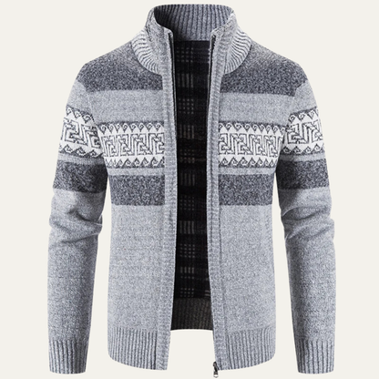 VogeLuxe | Men’s Zip Up Cardigan with Stand Collar and Chest Pattern