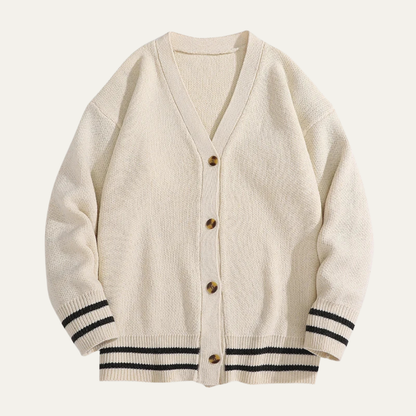 VogeLuxe | Men’s Varsity V Neck Cardigan with Striped Ribbed Trim