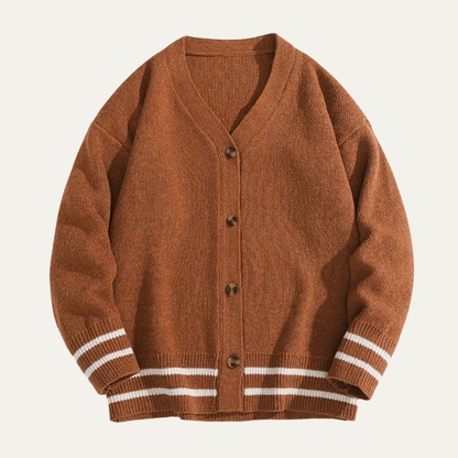 VogeLuxe | Men’s Varsity V Neck Cardigan with Striped Ribbed Trim