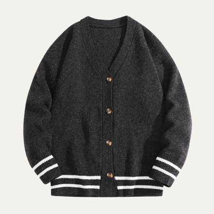 VogeLuxe | Men’s Varsity V Neck Cardigan with Striped Ribbed Trim