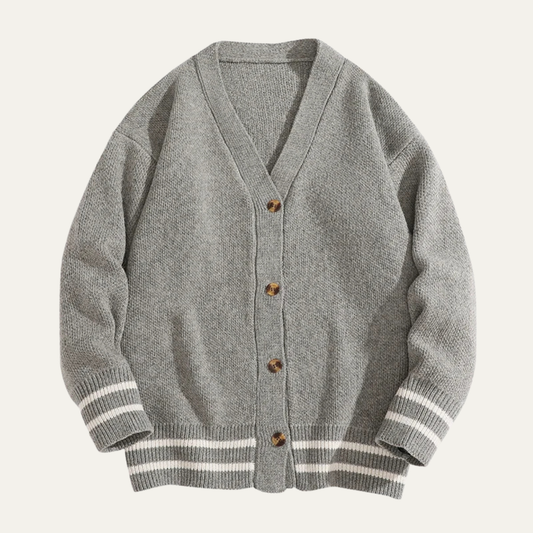 VogeLuxe | Men’s Varsity V Neck Cardigan with Striped Ribbed Trim