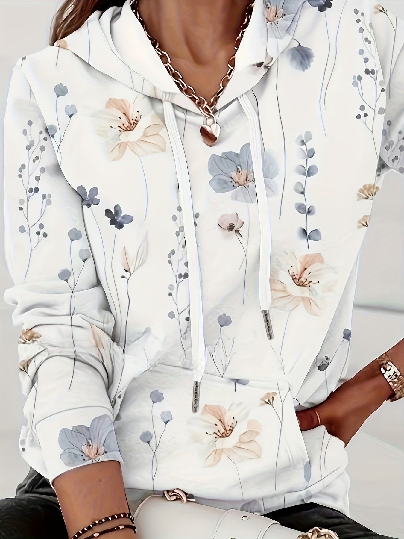 Cozy Women's Hooded Sweatshirt with Floral Pattern - VogeLuxe