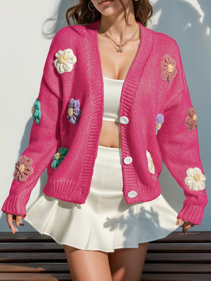 Cozy Women's Oversized Knit Cardigan with Flower Pattern