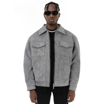 Luxury Suede Cargo Jacket - Grey Urban Fashion - VogeLuxe