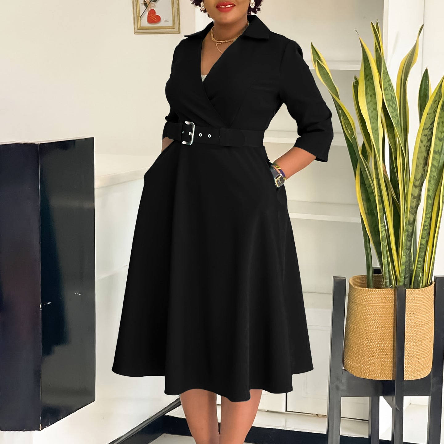 Elegant Fitted Waist 3/4 Sleeve Ladies Formal Dress