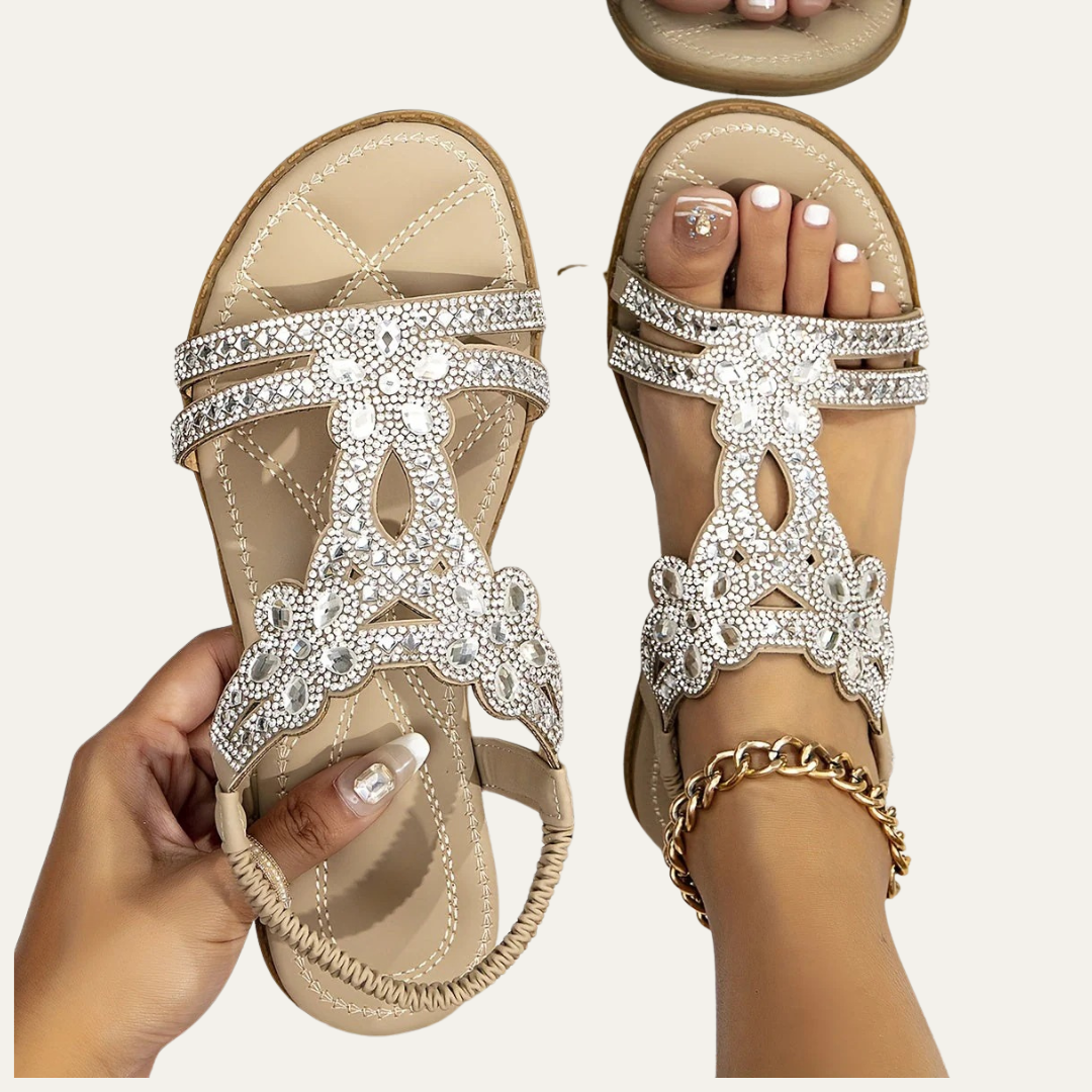 VogeLuxe | Women’s Open Toe Rhinestone T Strap Flat Sandal