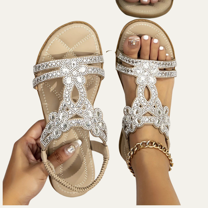 VogeLuxe | Women’s Open Toe Rhinestone T Strap Flat Sandal