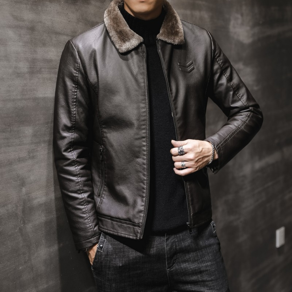 Stylish Men's Faux Leather Bomber Jacket with Fur Trim