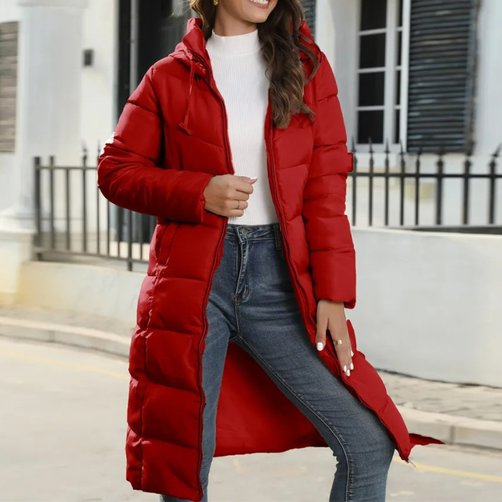 Warm Women's Down Parka Coat with Hood and Adjustable Belt