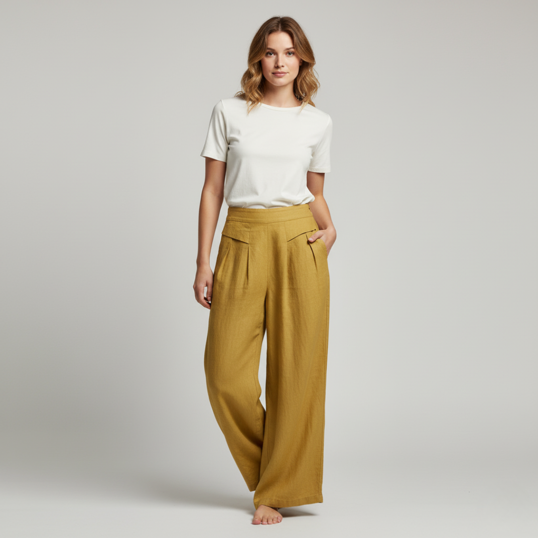 Classic Beige Cotton Linen Wide Leg Pants With Pockets - VogeLuxe