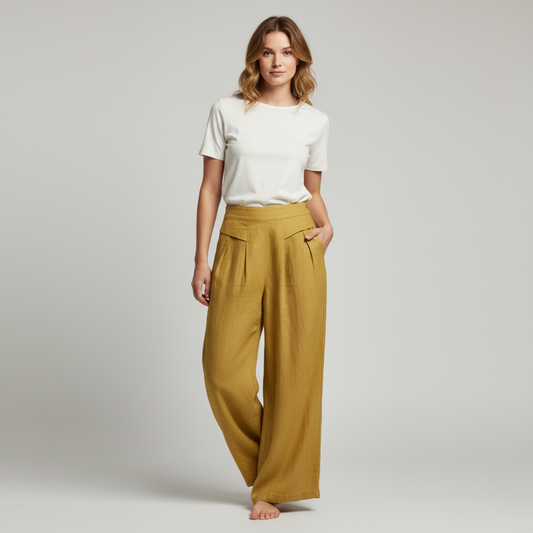 Classic Beige Cotton Linen Wide Leg Pants With Pockets - VogeLuxe