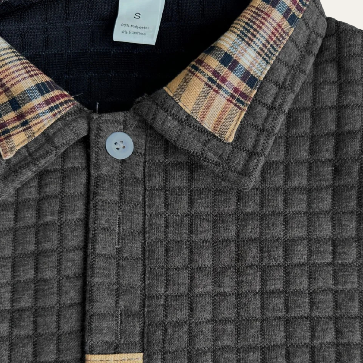 VogeLuxe | Men’s Textured Long Sleeve Polo with Plaid Collar