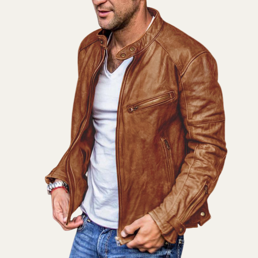 VogeLuxe | Men’s Vintage Faux Leather Stand Collar Moto Jacket