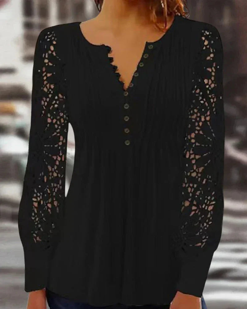 Ladies' Chic Blouse with Long Sleeves and Lace Trim