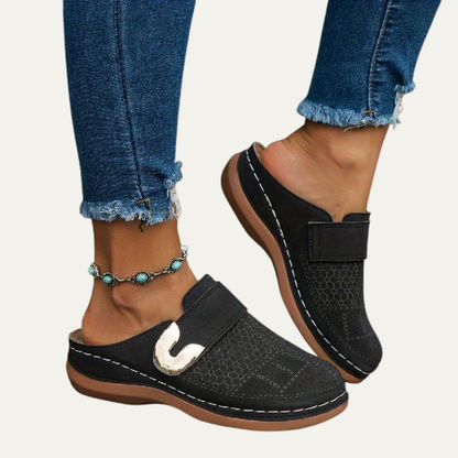 VogeLuxe | Women’s Perforated Floral Buckle Slip On Mules