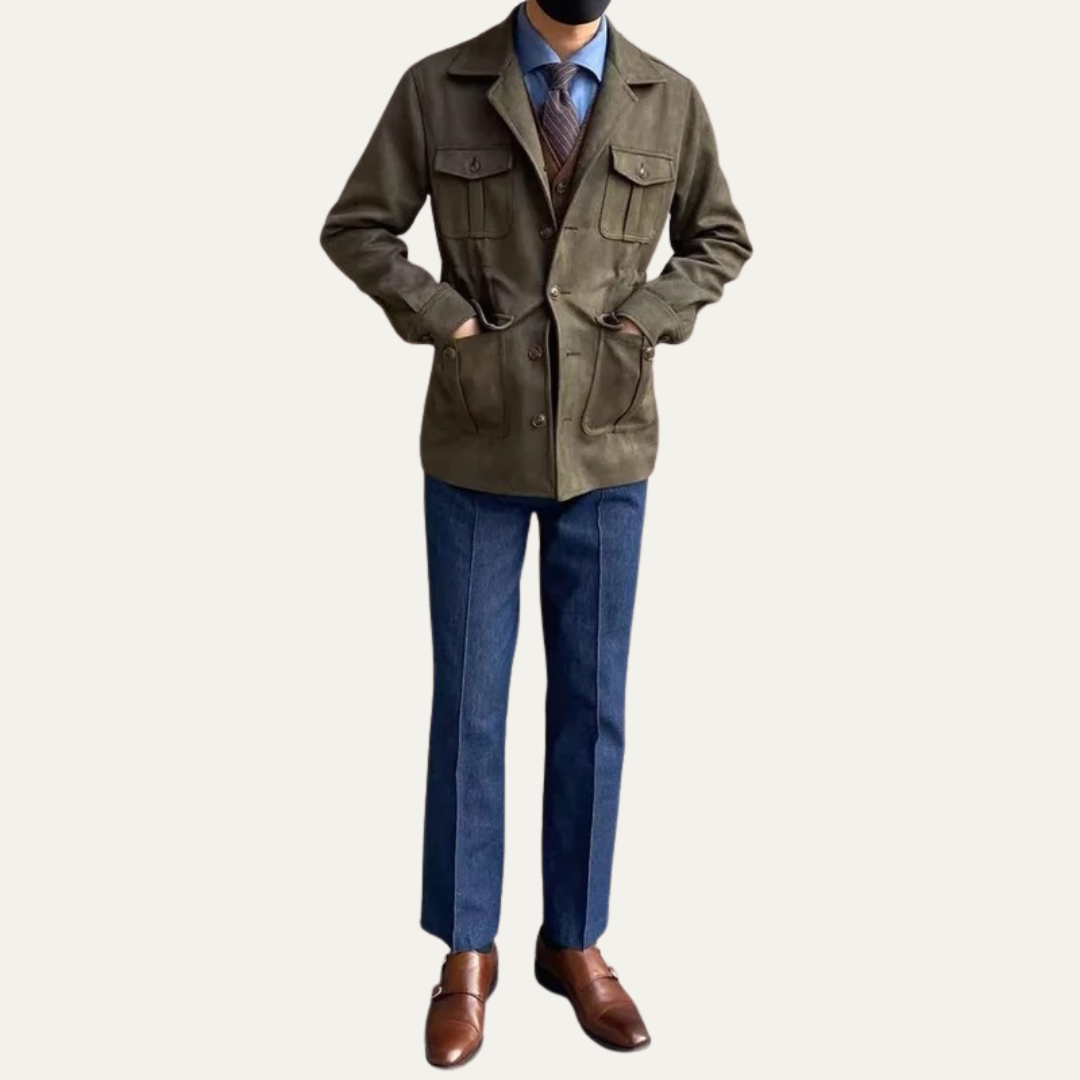 VogeLuxe | Men’s Suede Field Jacket with Four Flap Pockets