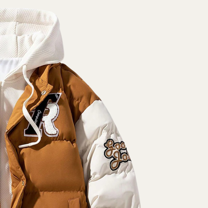 VogeLuxe | Men’s Varsity Style Puffer Jacket with Embroidered Graphics