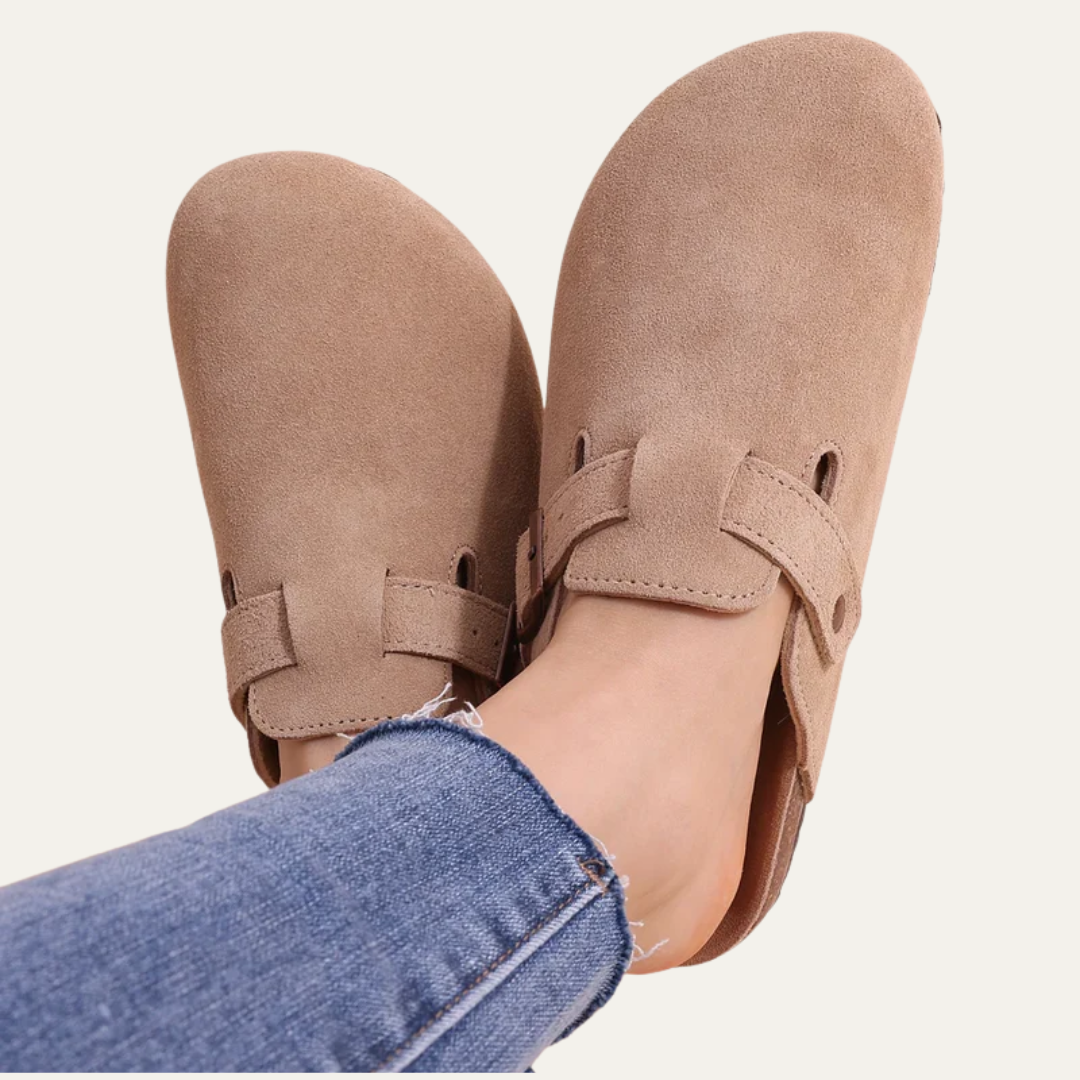 VogeLuxe | Women’s Suede Look Closed Toe Mule with Cork Style Footbed