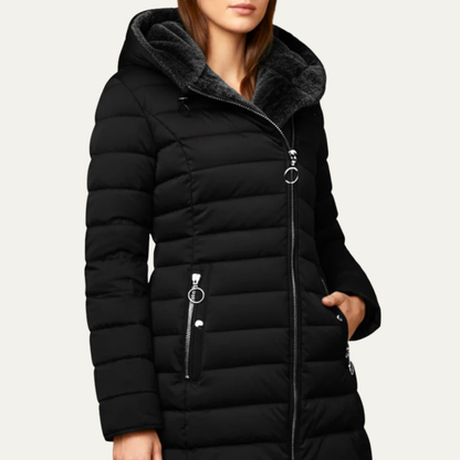 VogeLuxe | Women’s Mid Length Quilted Puffer Coat with Faux Fur Hood