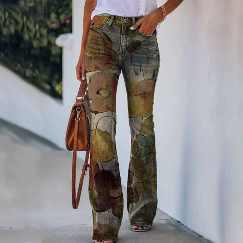 Women's Vintage Floral Wide Leg Pants with Buttons