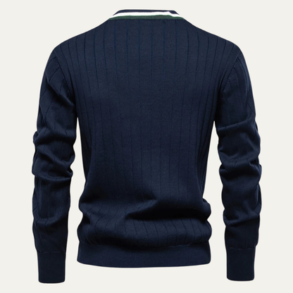 VogeLuxe | Men’s V Neck Rib Knit Cardigan with Striped Trim