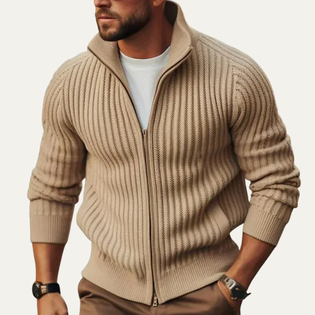 VogeLuxe | Men’s Heavy Knit Full Zip Ribbed Cardigan Sweater