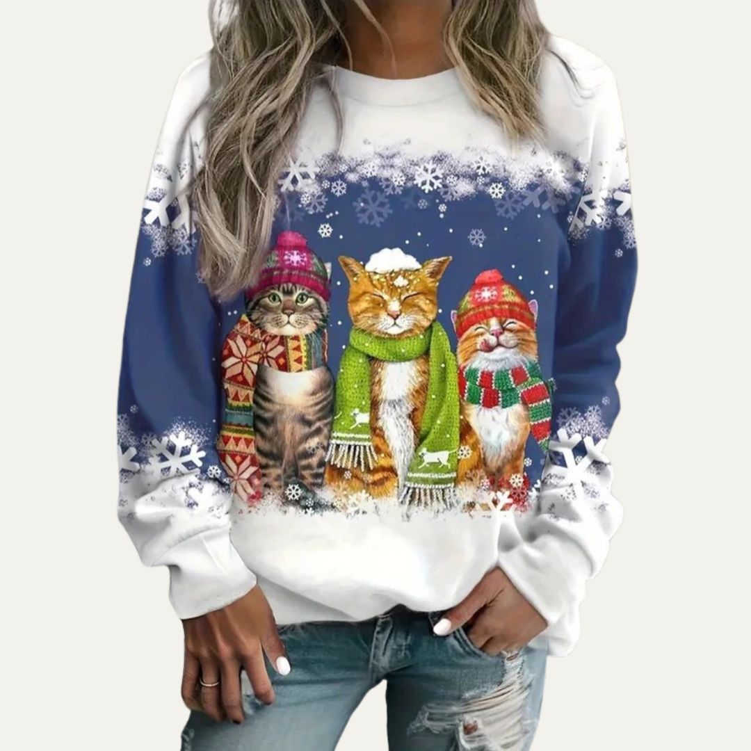 VogeLuxe | Women’s Winter Cats Printed Crewneck Sweater
