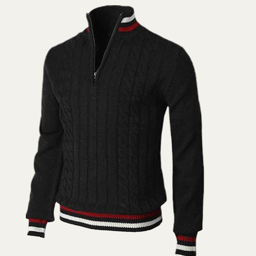 VogeLuxe | Men’s Striped Mock Neck Cable Zip Sweater