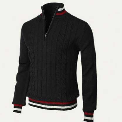 VogeLuxe | Men’s Striped Mock Neck Cable Zip Sweater