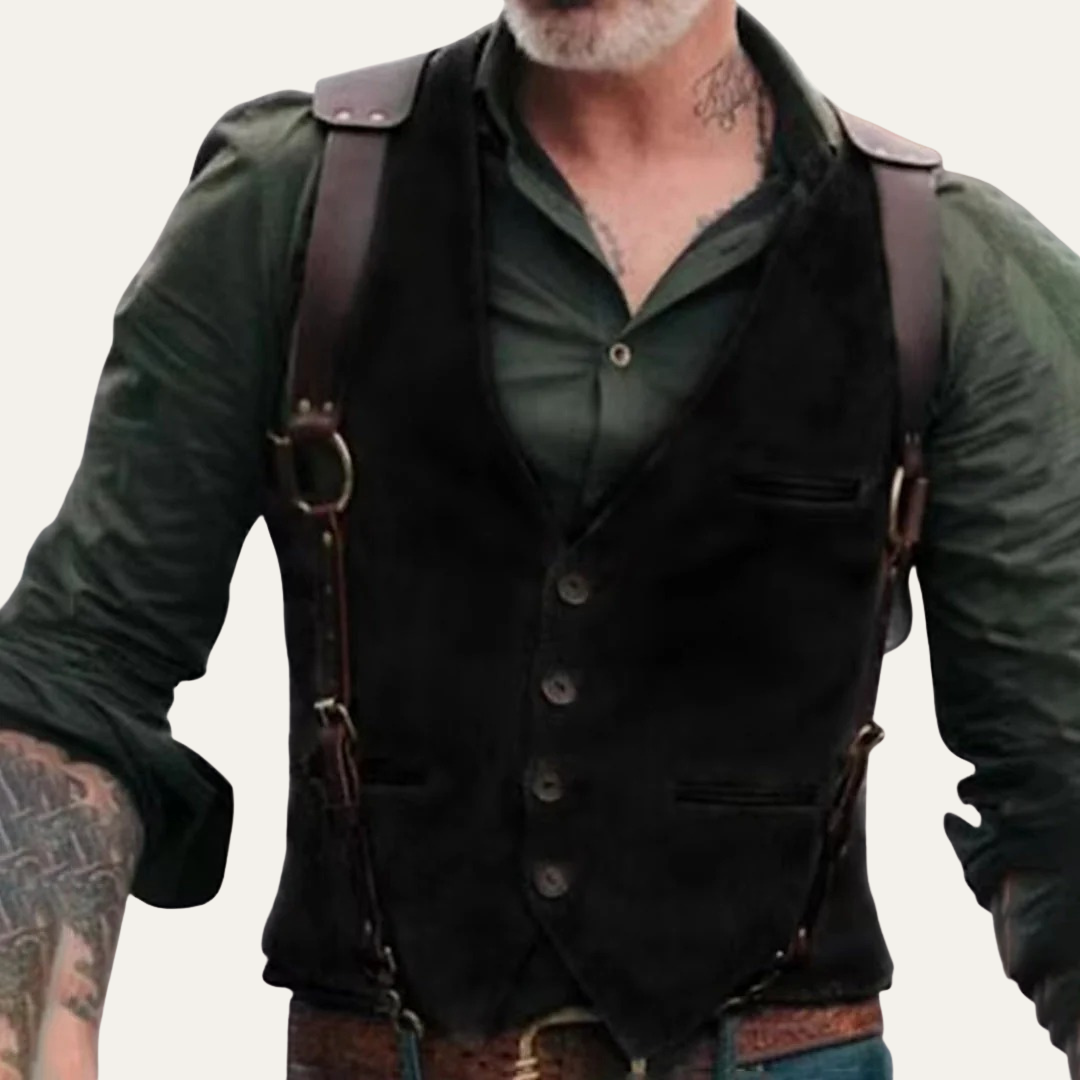 VogeLuxe | Men’s Tweed Button Down Waistcoat with Leather Harness Detail