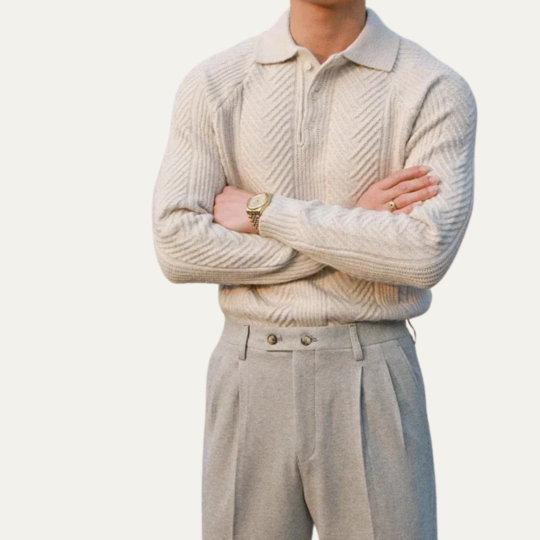 VogeLuxe | Men’s Textured Chevron Knit Polo With Zip Neck