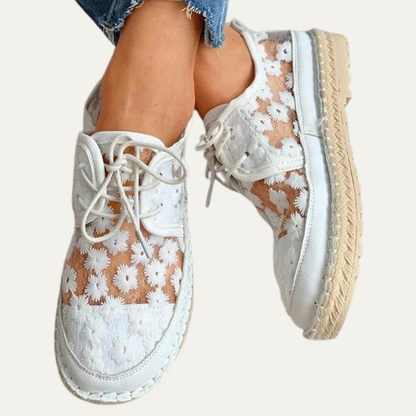 VogeLuxe | Women’s Lace Up Mesh Platform Shoes with Floral Embroidery