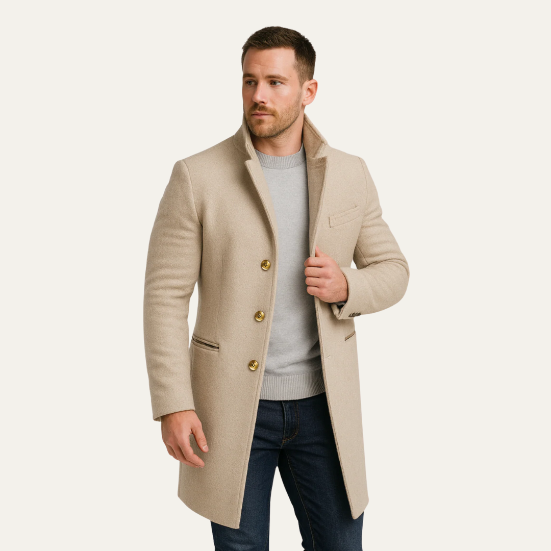 VogeLuxe | Men’s Gold-Button Mid-Length Trench Coat