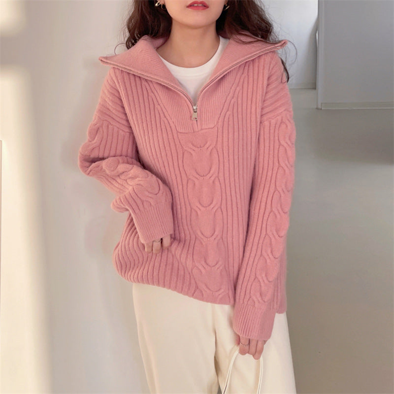 Classic Women's Cream Knit Zip Sweater
