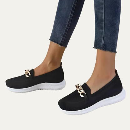 VogeLuxe | Women’s Knitted Slip On Loafers with Chain Detail