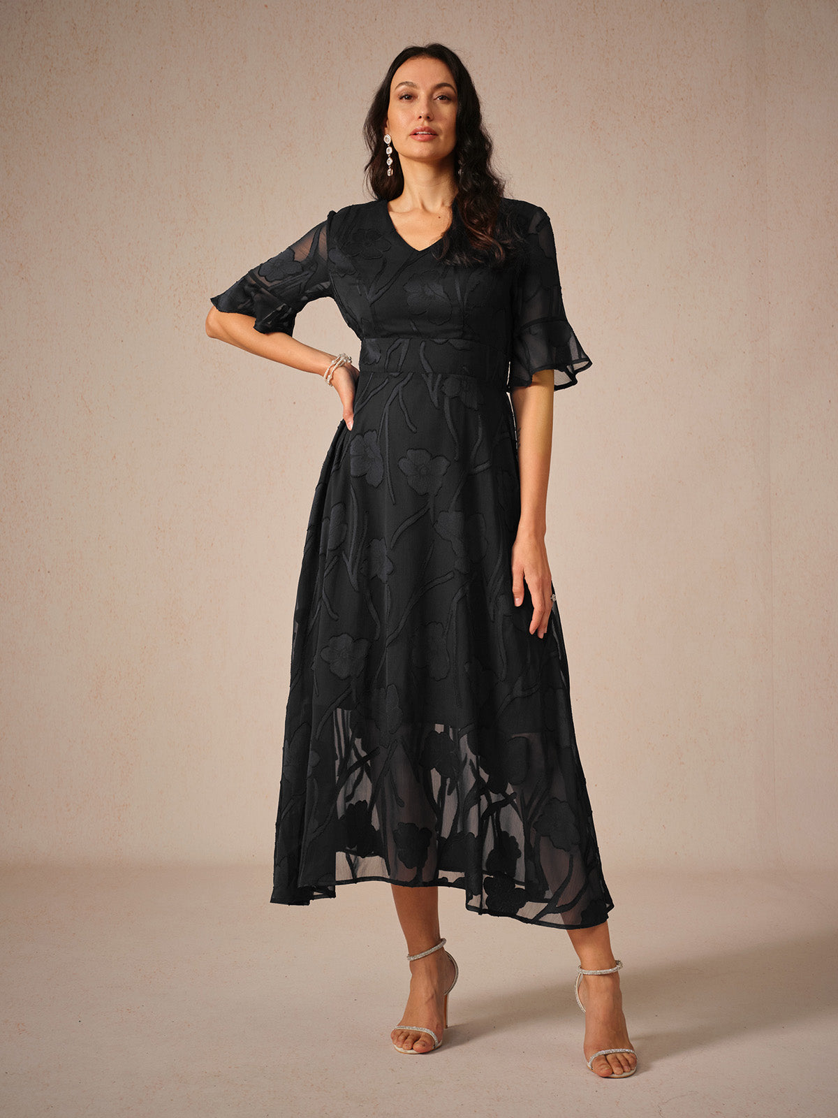 Chic Midi Dress with Ruffle Sleeves and Delicate Lace - VogeLuxe
