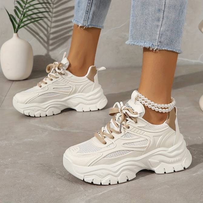Ladies Comfortable Brown Lace Up Sneakers - VogeLuxe