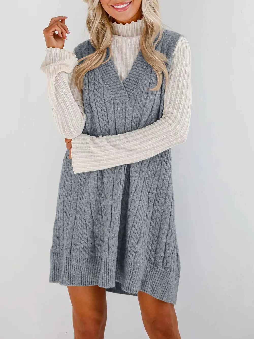 Cozy V-Neck Cable Knit Sweater Dress - VogeLuxe
