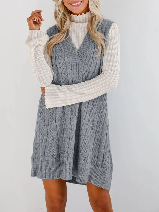 Comfy Cable Knit V-Neck Sweater Dress - BritishElegance