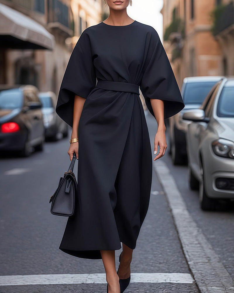 Beautiful Maxi Dress with Bell Sleeves and Waist Belt - VogeLuxe