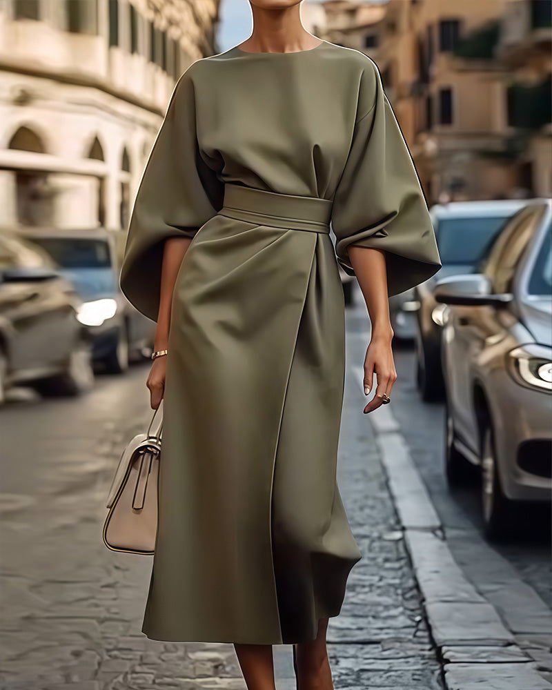 Beautiful Maxi Dress with Bell Sleeves and Waist Belt