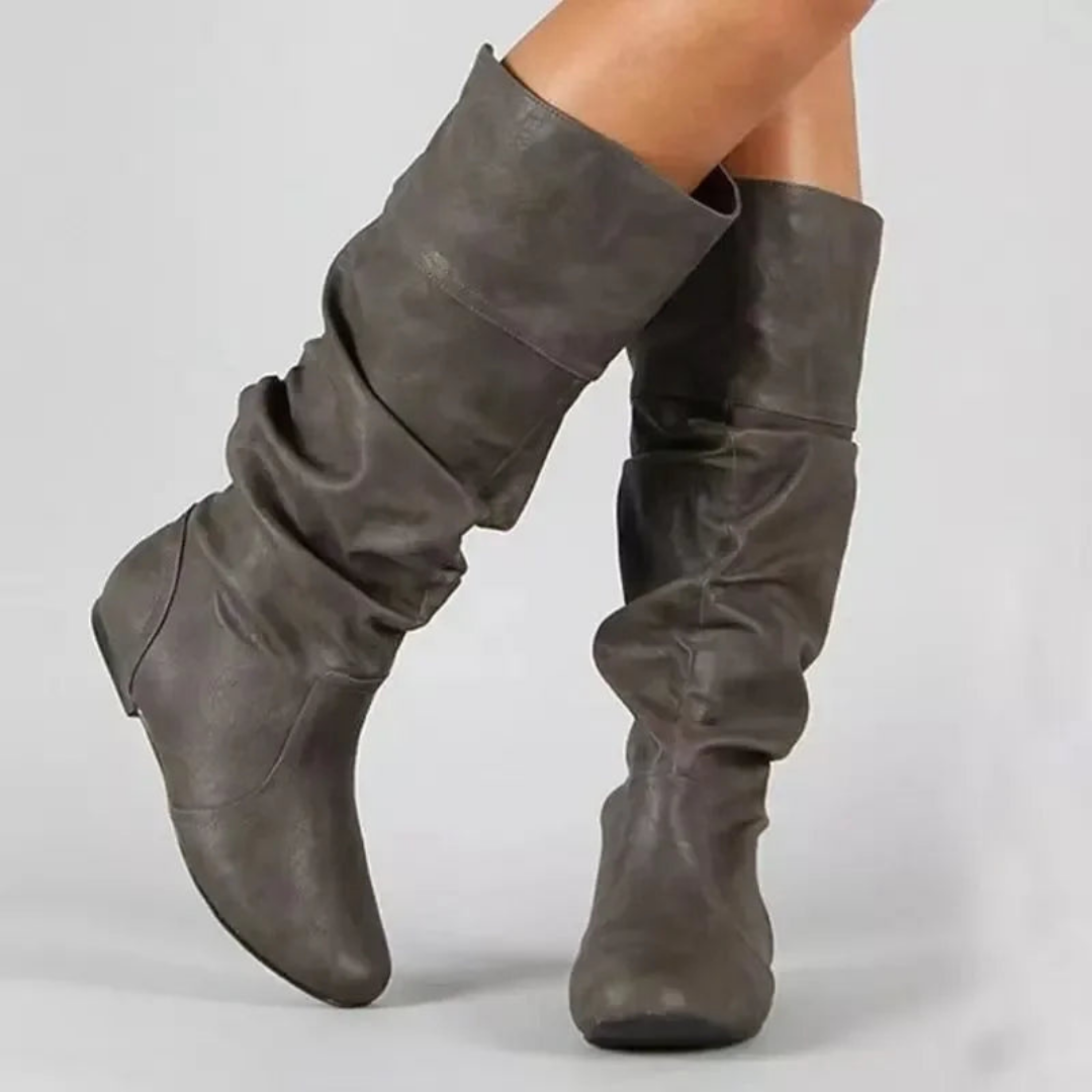 Donne Mid Calf Stivali Morbidi con Ribaltabile | Comodi Stivali Bassi Lunghi - VogeLuxe